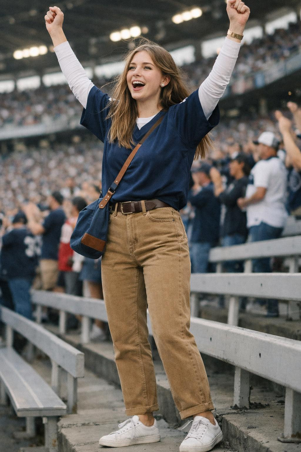 Football game outfit with navy jersey layered over white long-sleeve tee