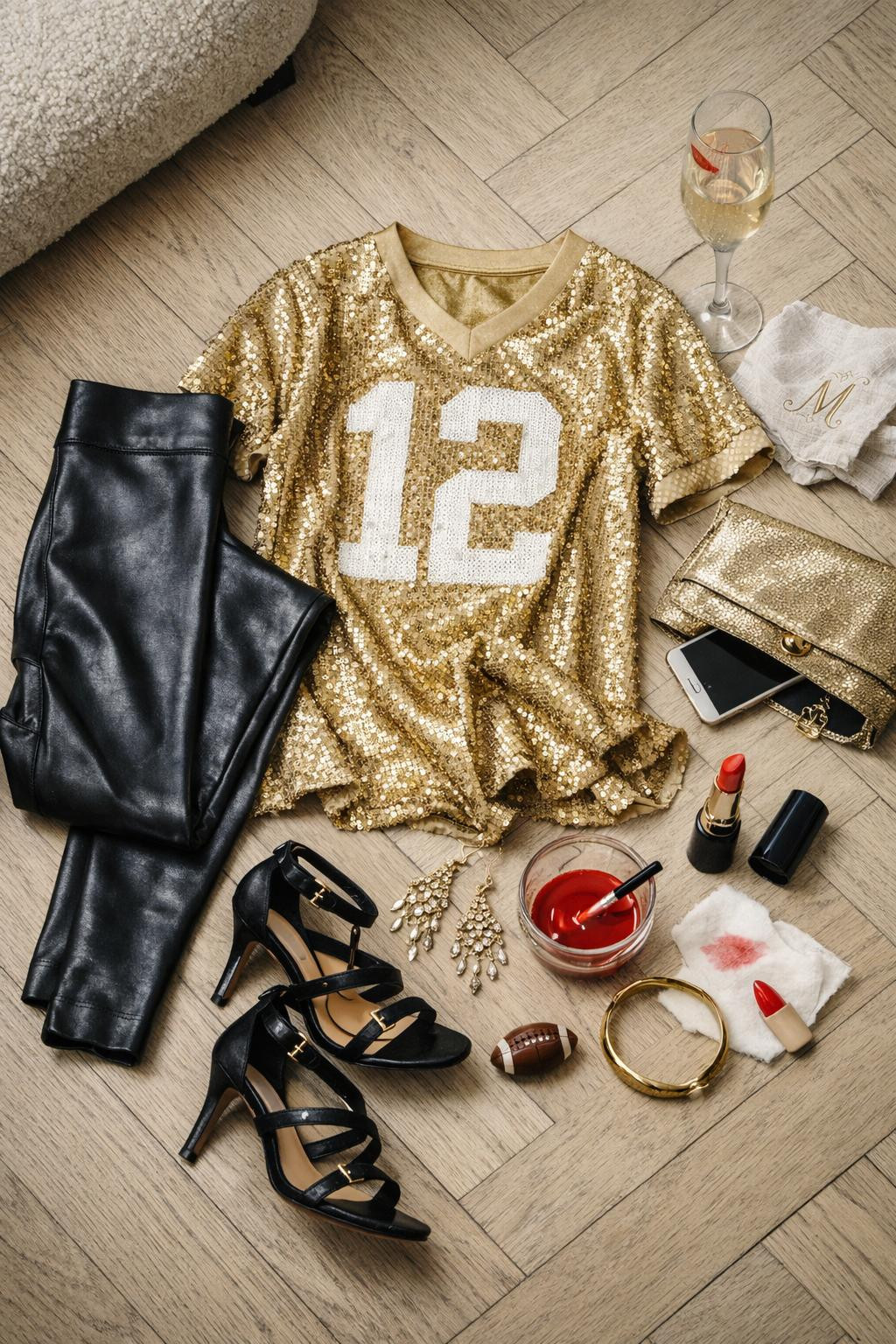 Super Bowl party look gold sequin jersey flat lay styling