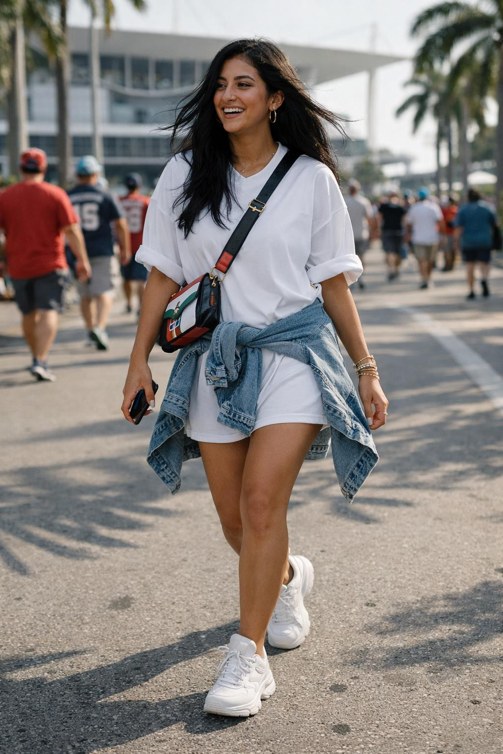 Super Bowl party look with white jersey dress and denim jacket