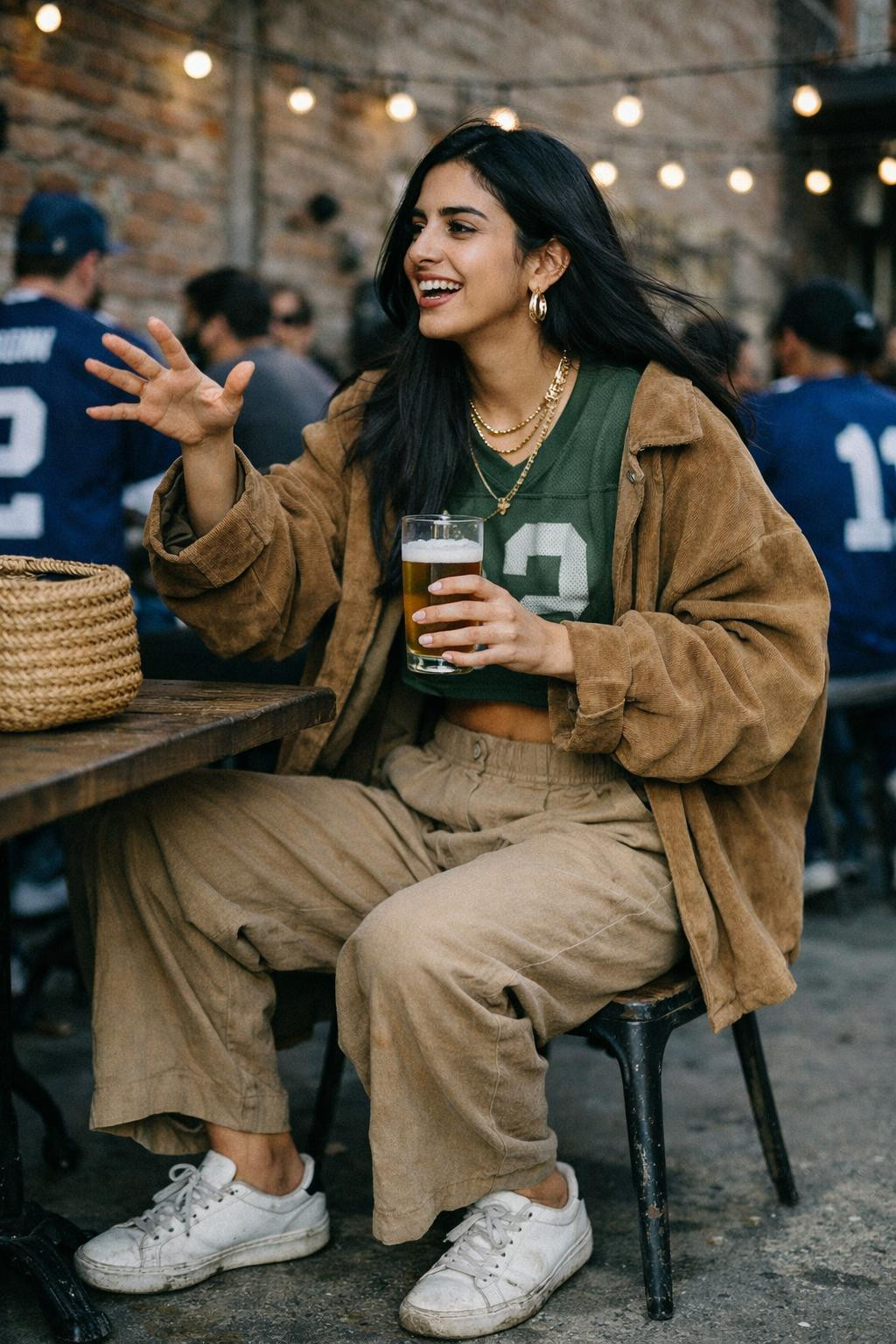 Super Bowl party look with olive green jersey and tan linen pants