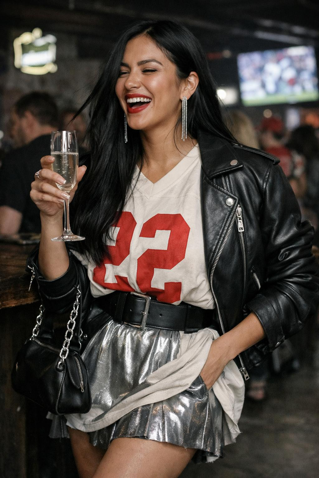 Super Bowl party look with cream vintage jersey and metallic silver skirt
