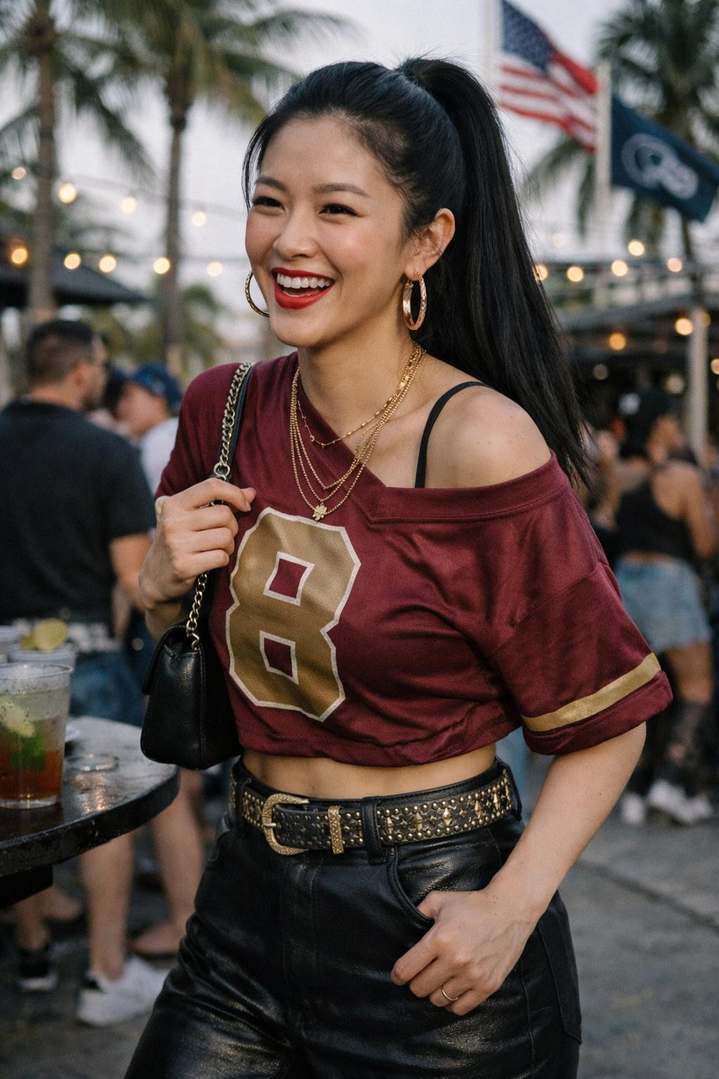 Super Bowl party look with cropped burgundy jersey and gold belt