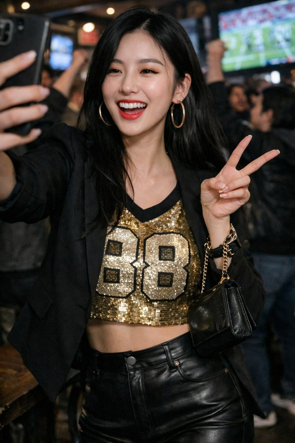 Super Bowl party look with gold sequin jersey and black leather pants