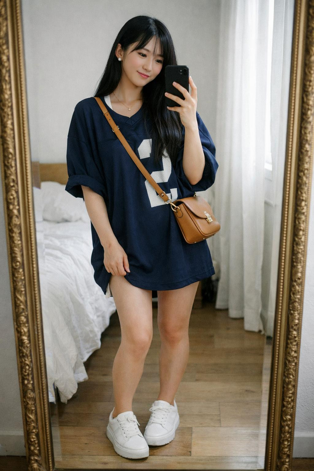 Super Bowl party look with oversized navy jersey and white sneakers