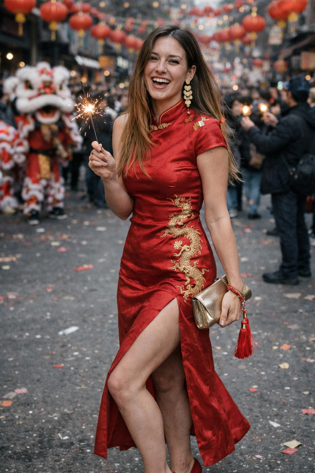 Red outfit CNY with gold dragon embroidered qipao