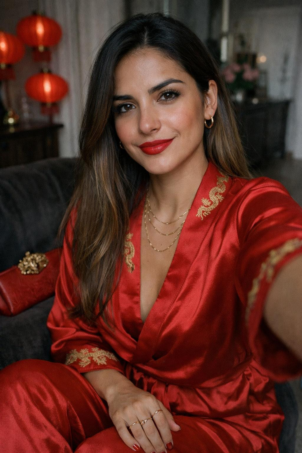 Chinese New Year dress with red silk loungewear set