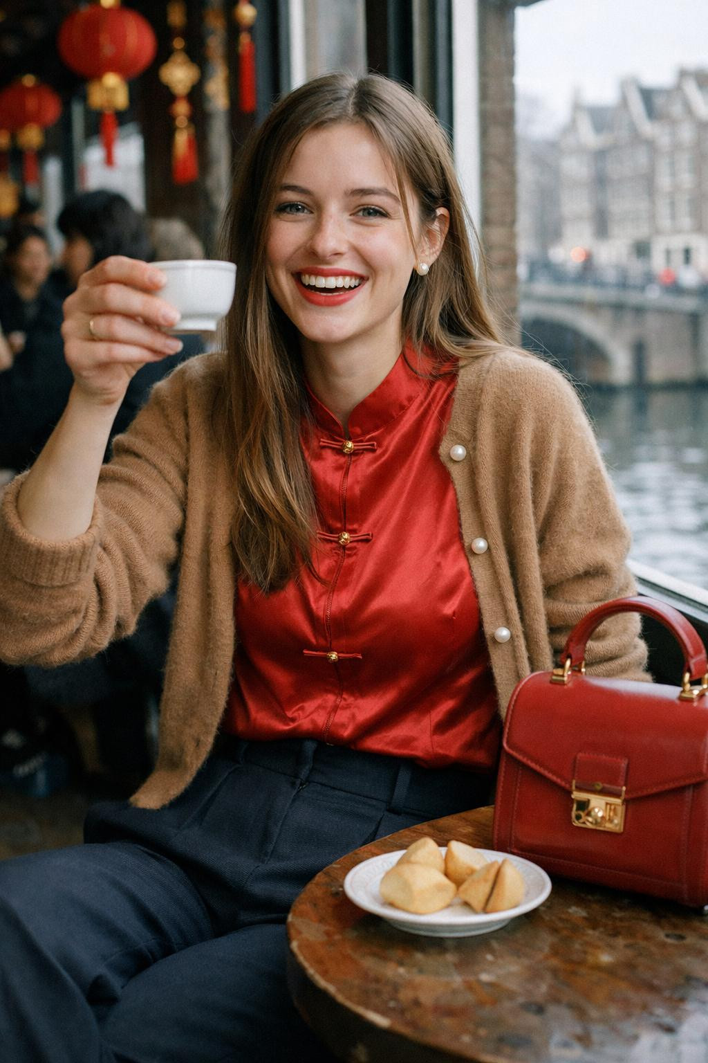Lunar New Year outfit with red silk blouse and navy trousers