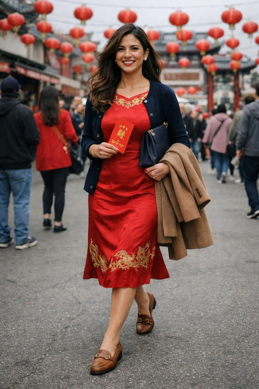 CNY fashion look with red silk dress and navy cardigan