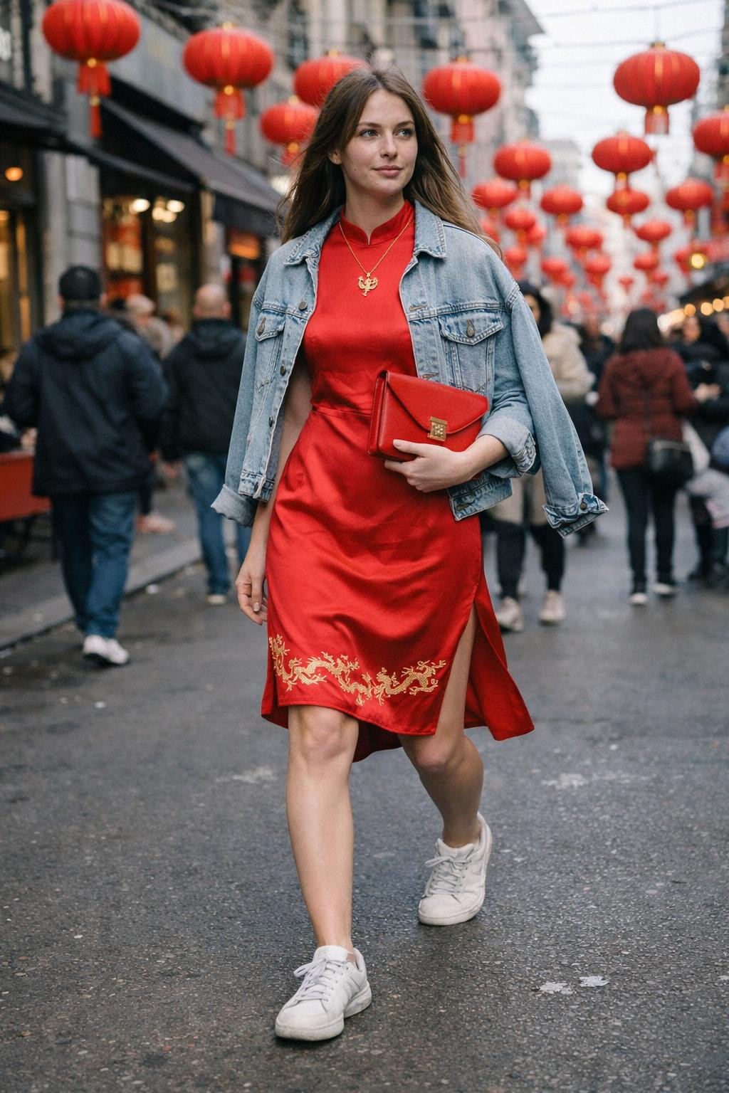 Chinese New Year style with red qipao and denim jacket