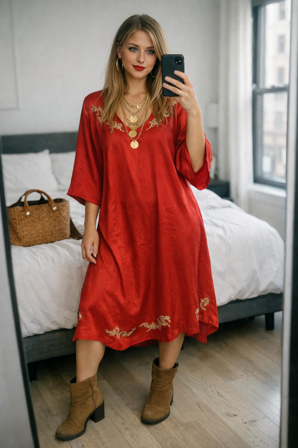 Red outfit CNY with flowing silk midi dress and boots