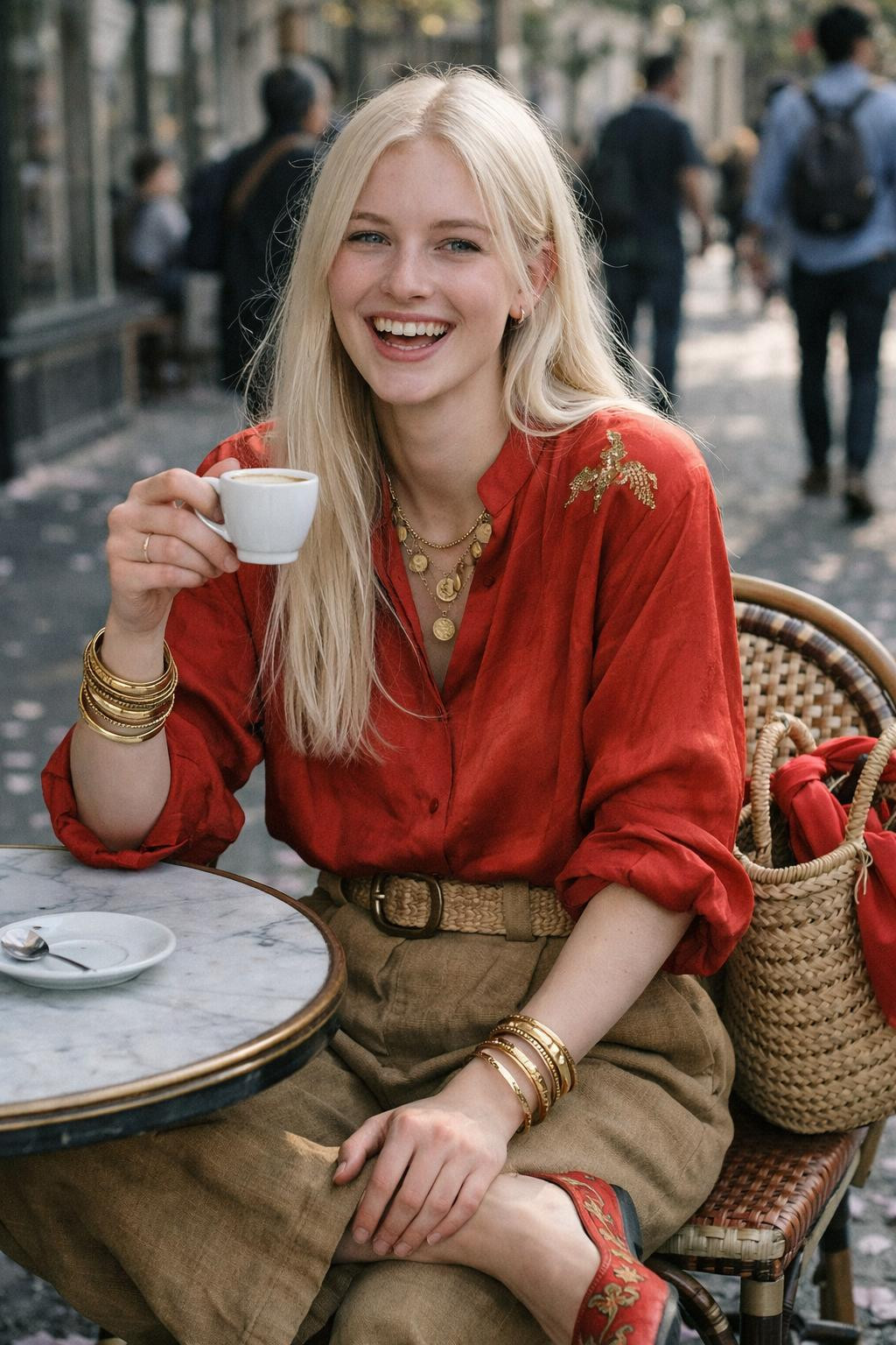 Chinese New Year dress with red silk blouse and wide-leg trousers