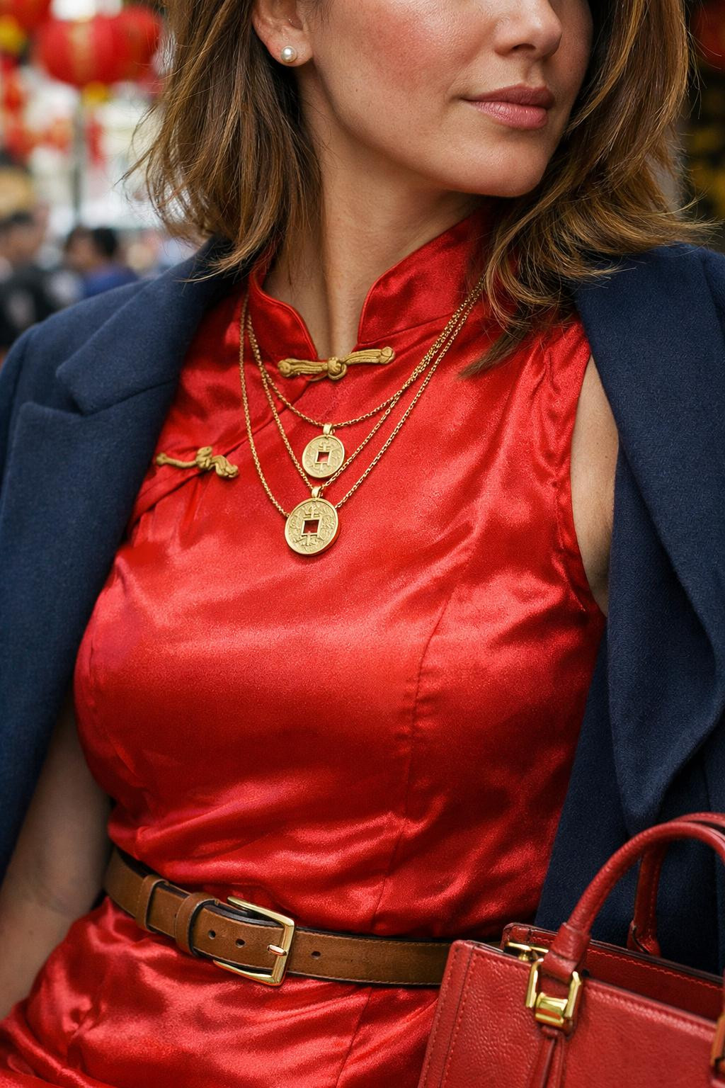 CNY outfit ideas with red qipao and navy blazer
