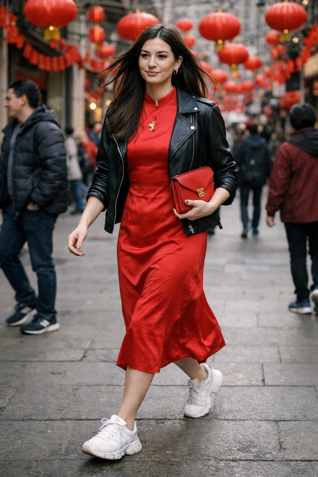 Lucky red outfit with silk midi dress and leather jacket