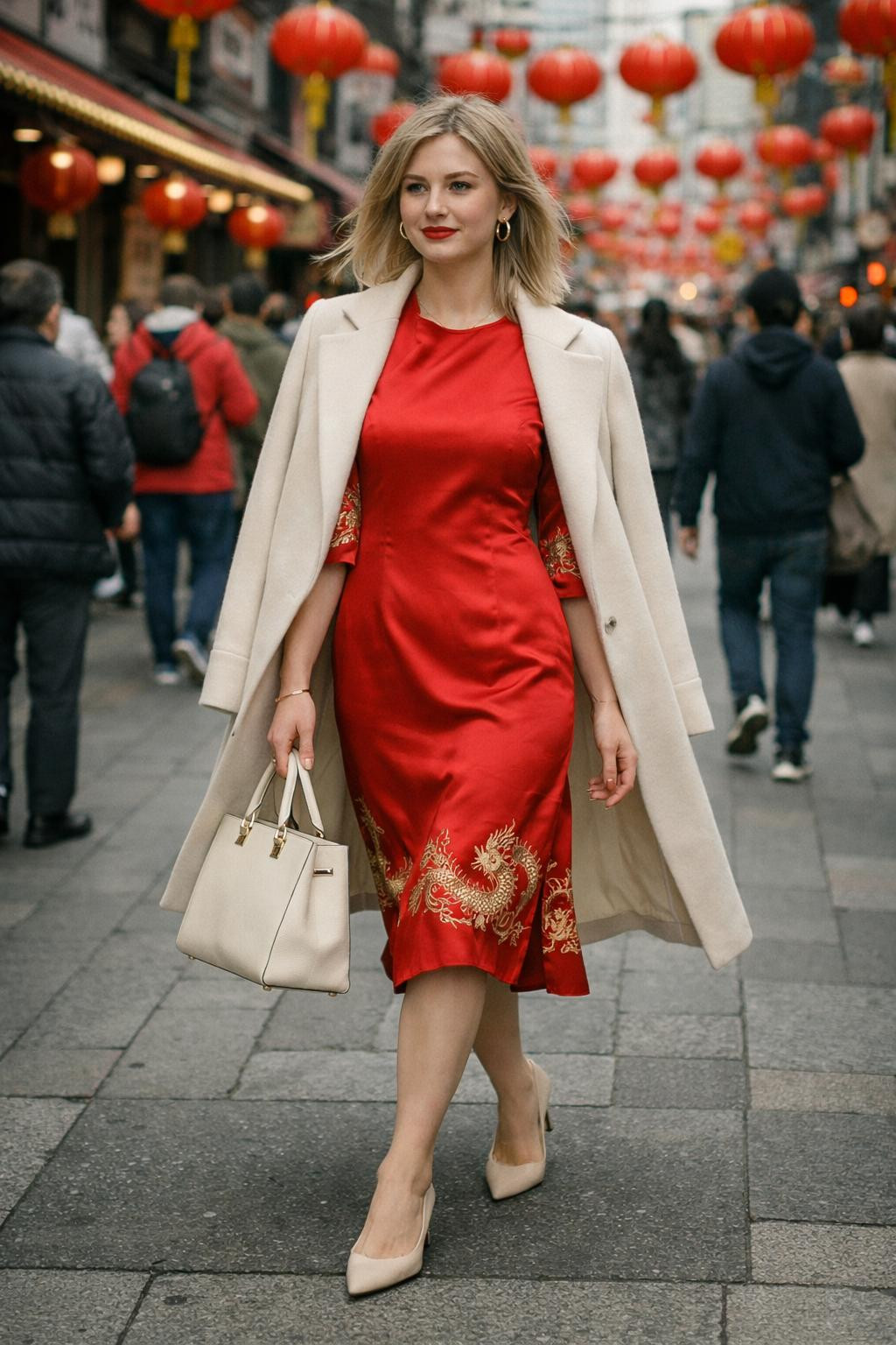 Red gold outfit CNY with silk midi dress and cashmere coat