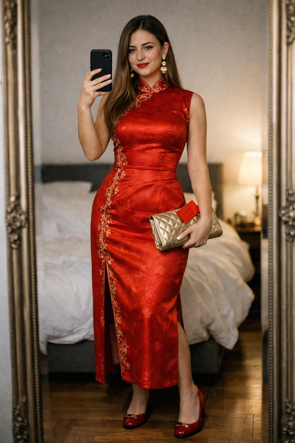 Chinese New Year style with red qipao and gold accessories