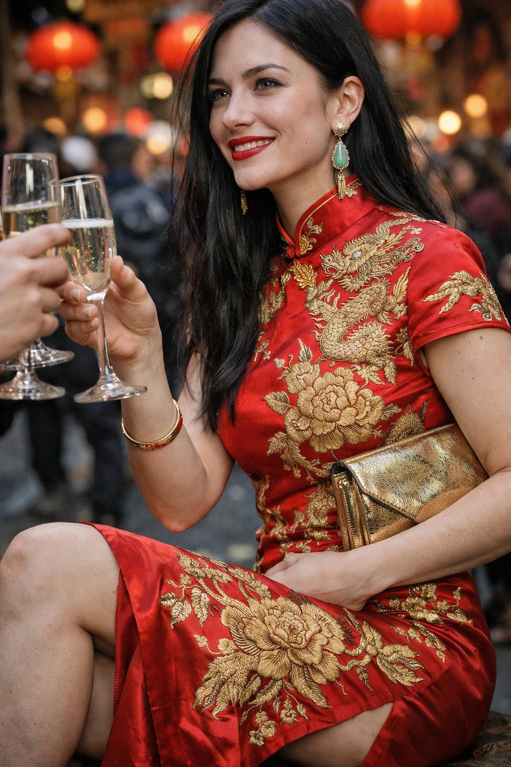 Red outfit CNY with detailed qipao embroidery and gold jewelry