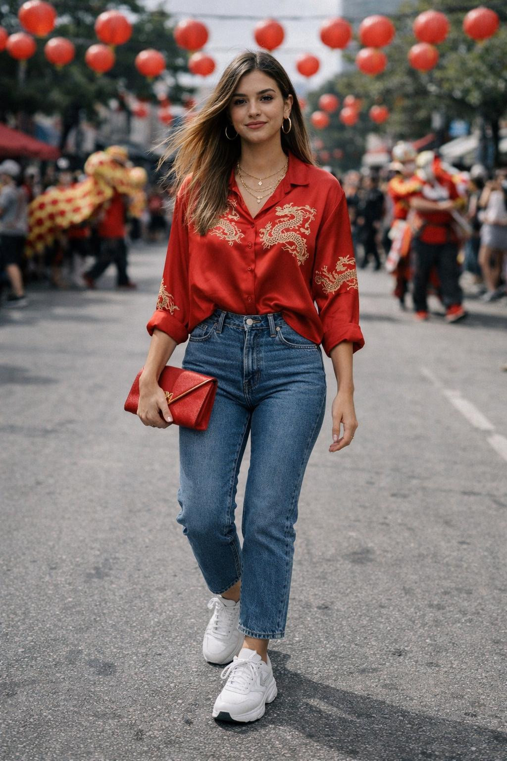 Chinese New Year outfit ideas with red silk blouse and denim jeans