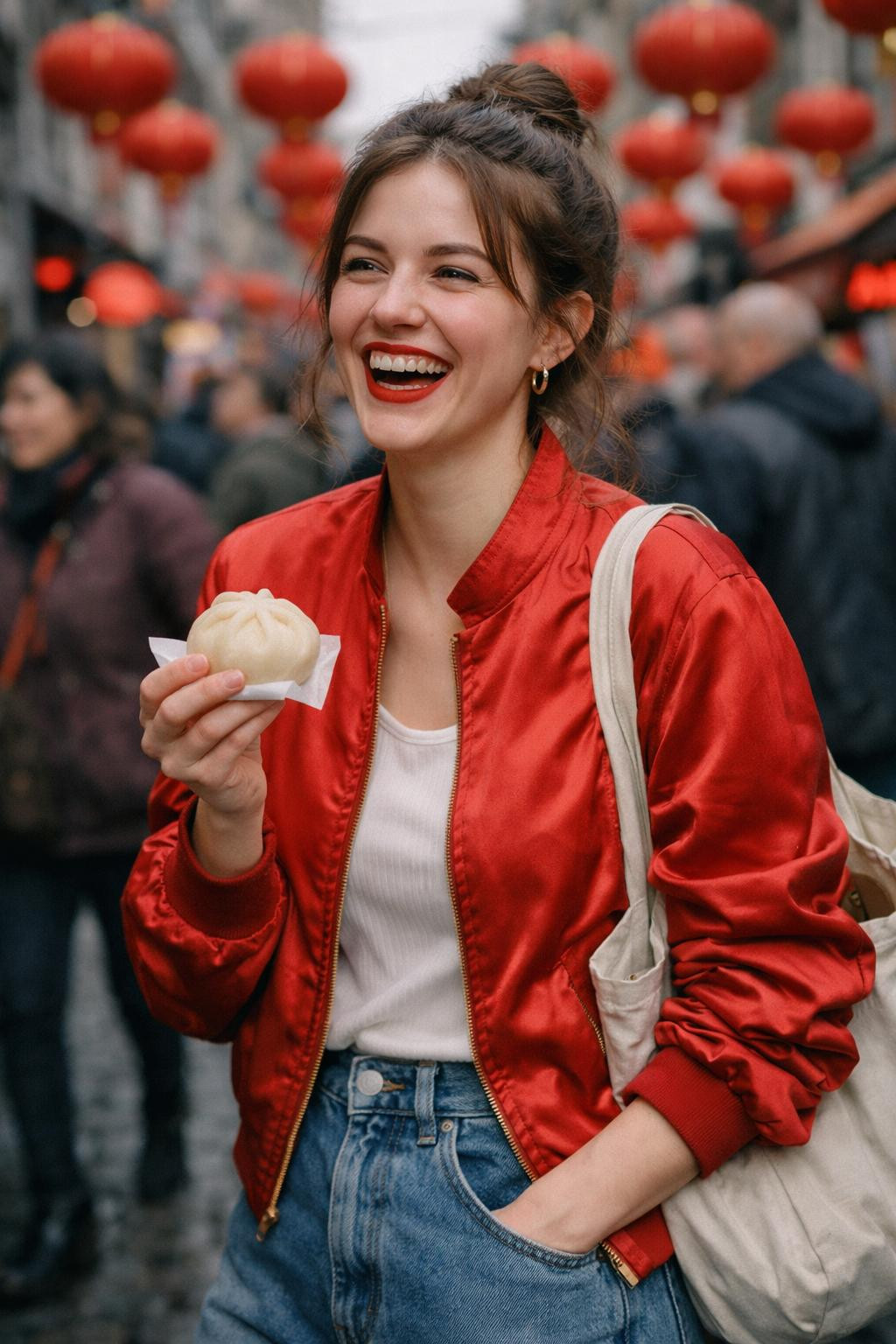 Chinese New Year outfit with red silk bomber jacket and white sneakers
