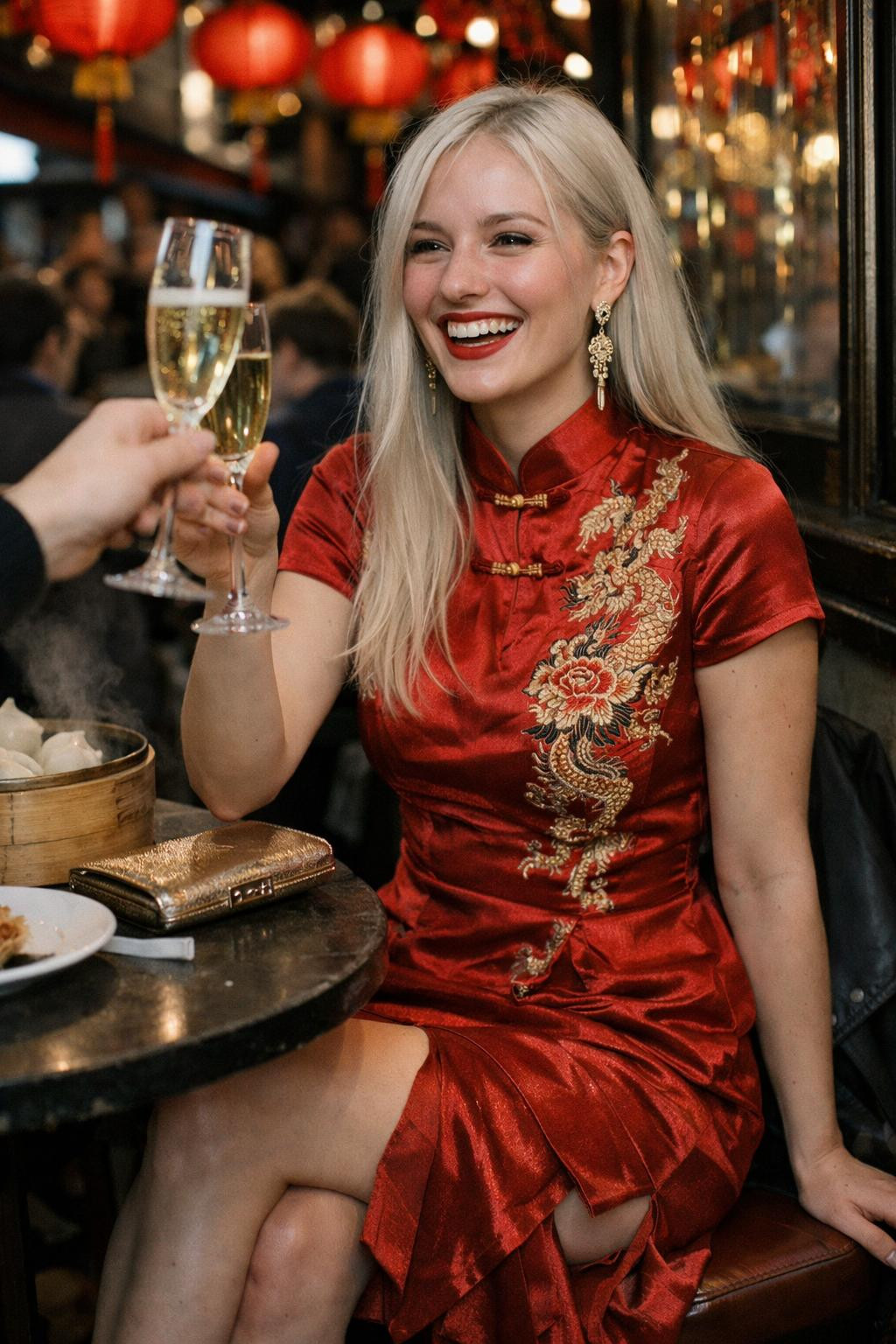 Lunar New Year fashion with red silk qipao and gold jewelry