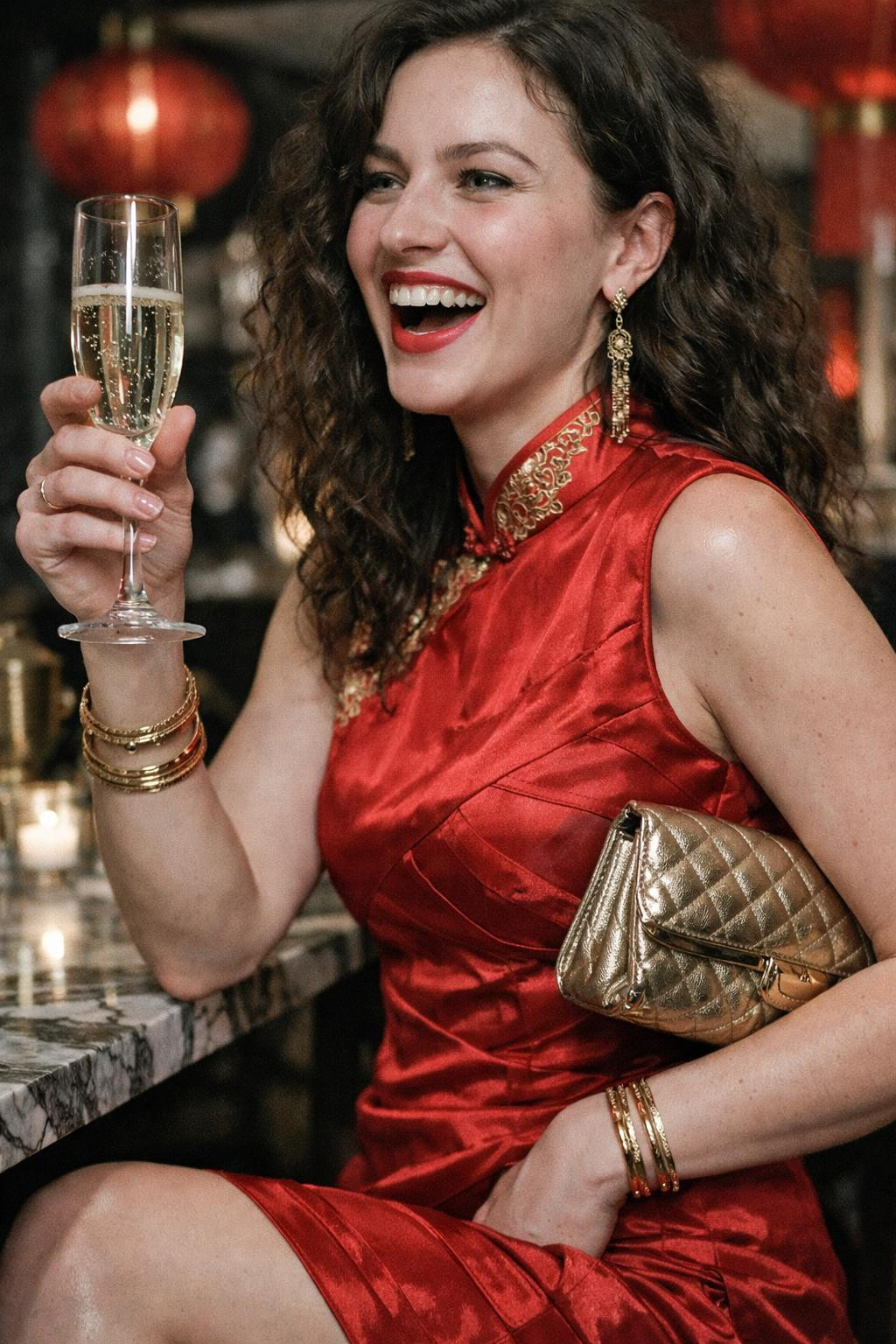 Lunar New Year outfit with textured qipao and gold accents