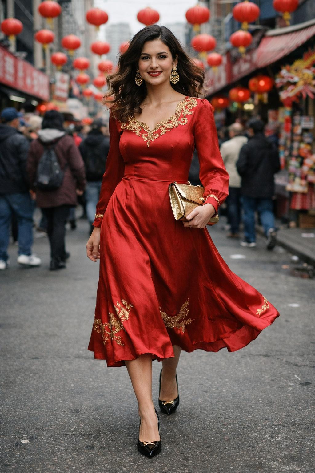 Lunar New Year outfit ideas with gold phoenix embroidered dress