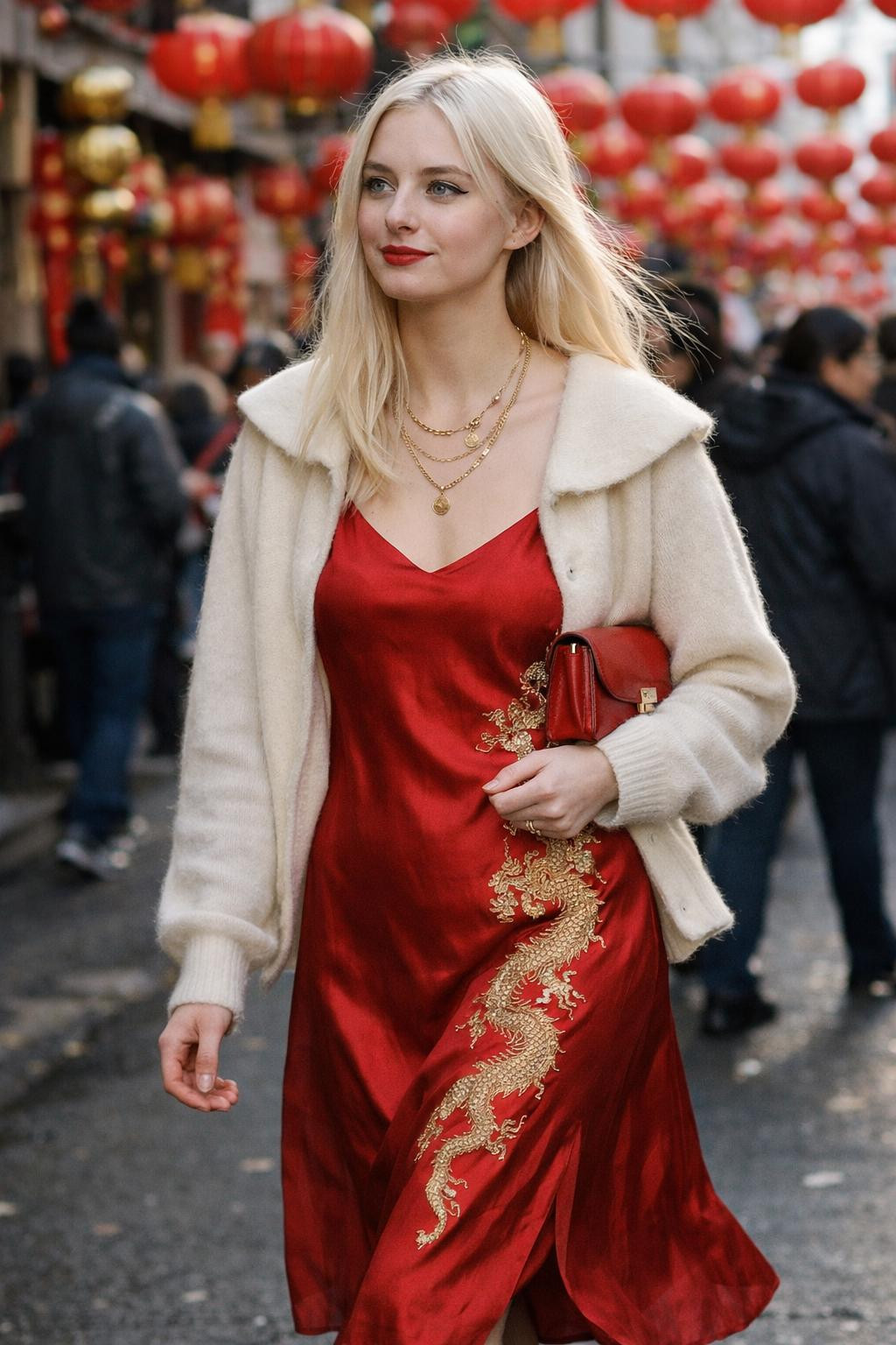 Lunar New Year outfit with red slip dress and cream cardigan