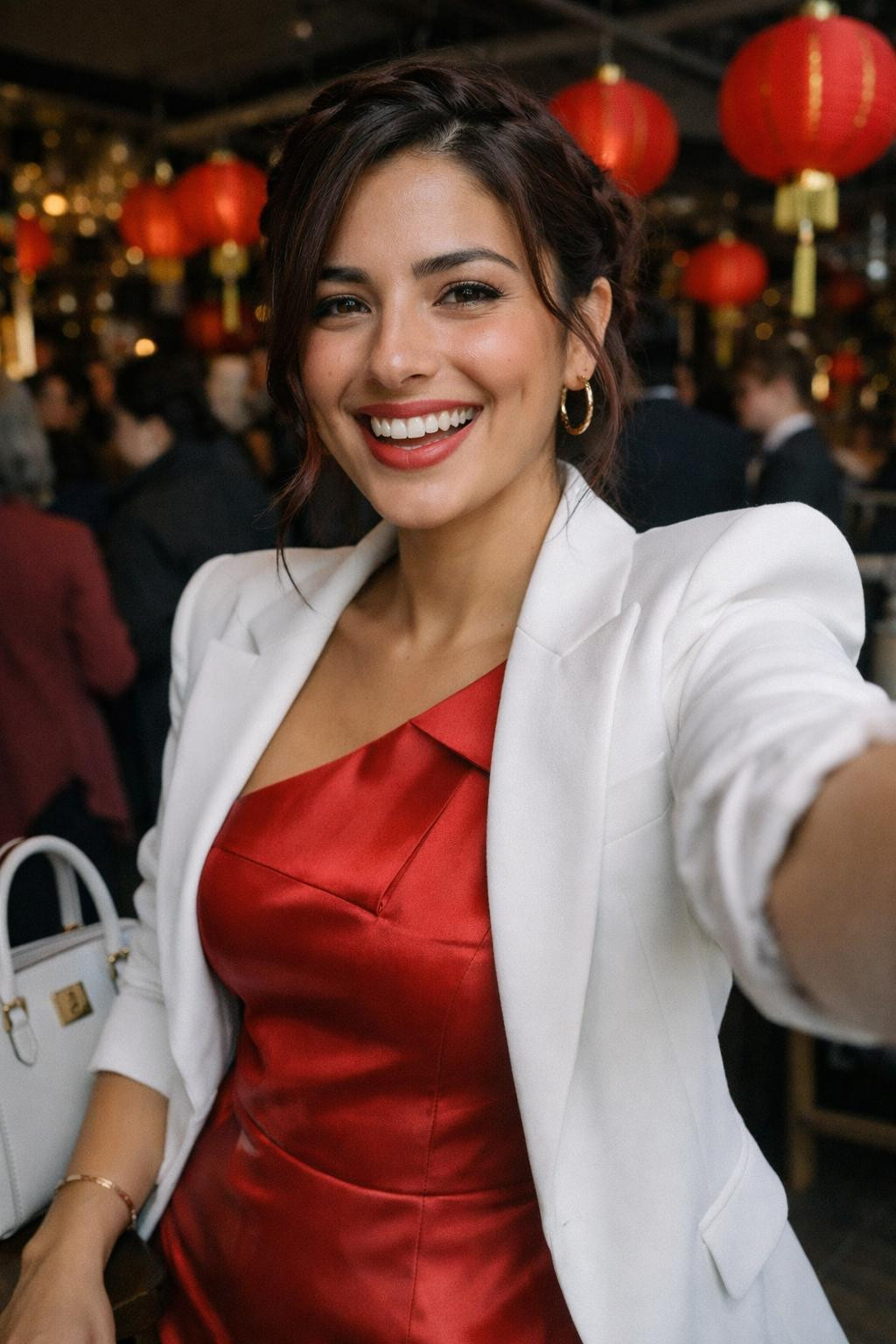 Lunar New Year outfit with architectural red dress and white blazer