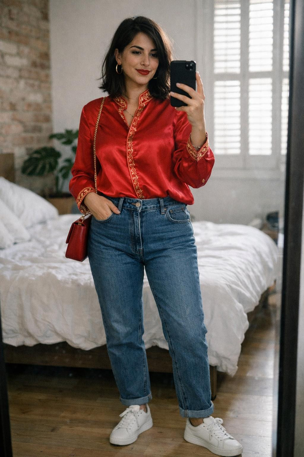 Lunar New Year outfit ideas with red silk blouse and denim