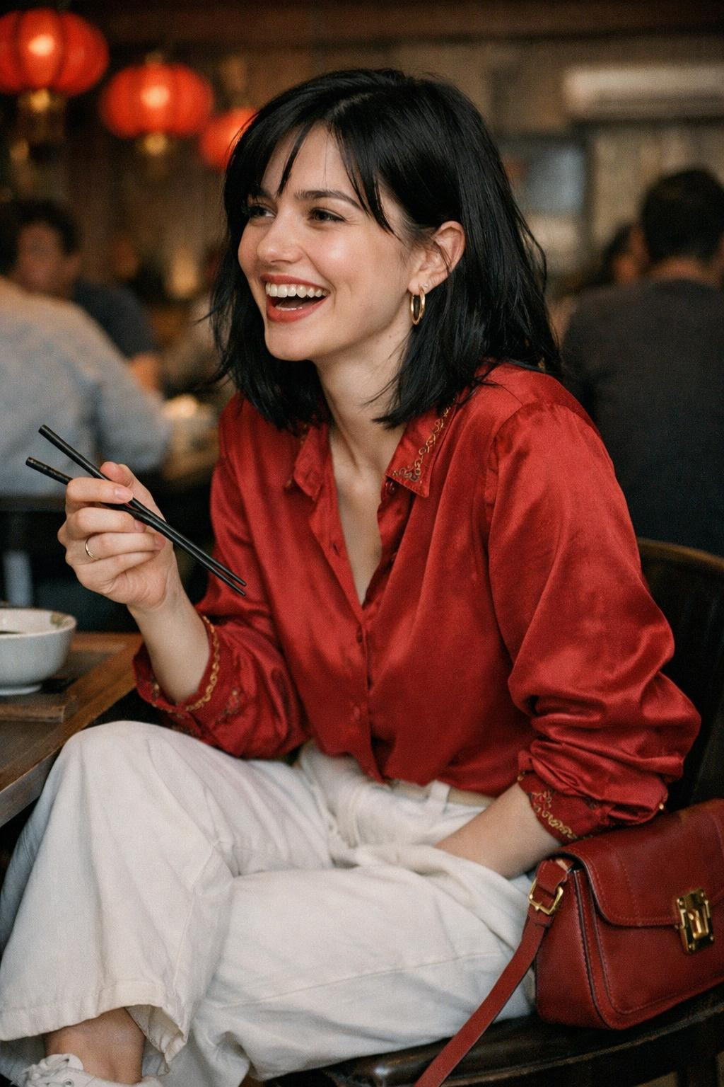 Lunar New Year outfit with red silk blouse and white trousers