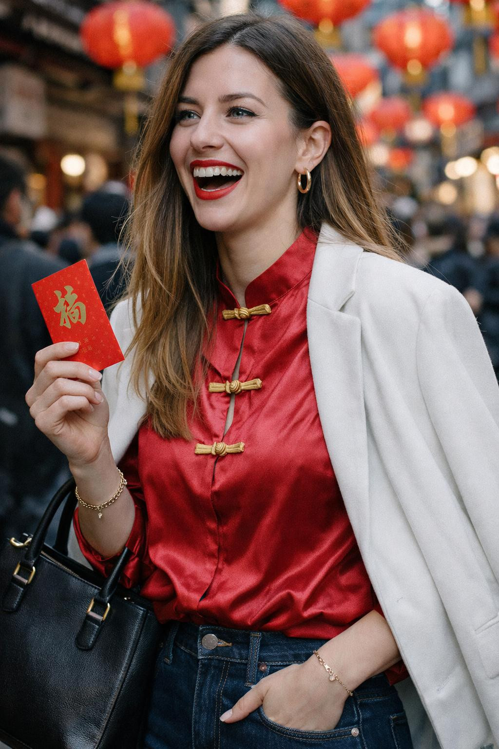 Lunar New Year fashion with crimson silk and white blazer