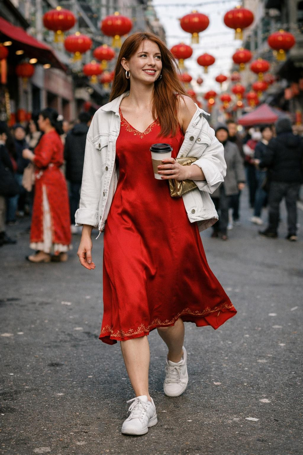 Lunar New Year outfit ideas with red dress and casual white denim