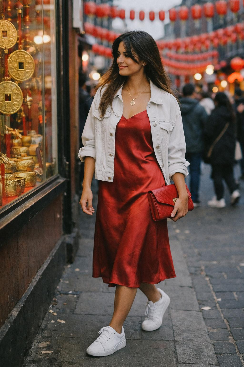 Lunar New Year outfit with red silk slip dress and denim jacket