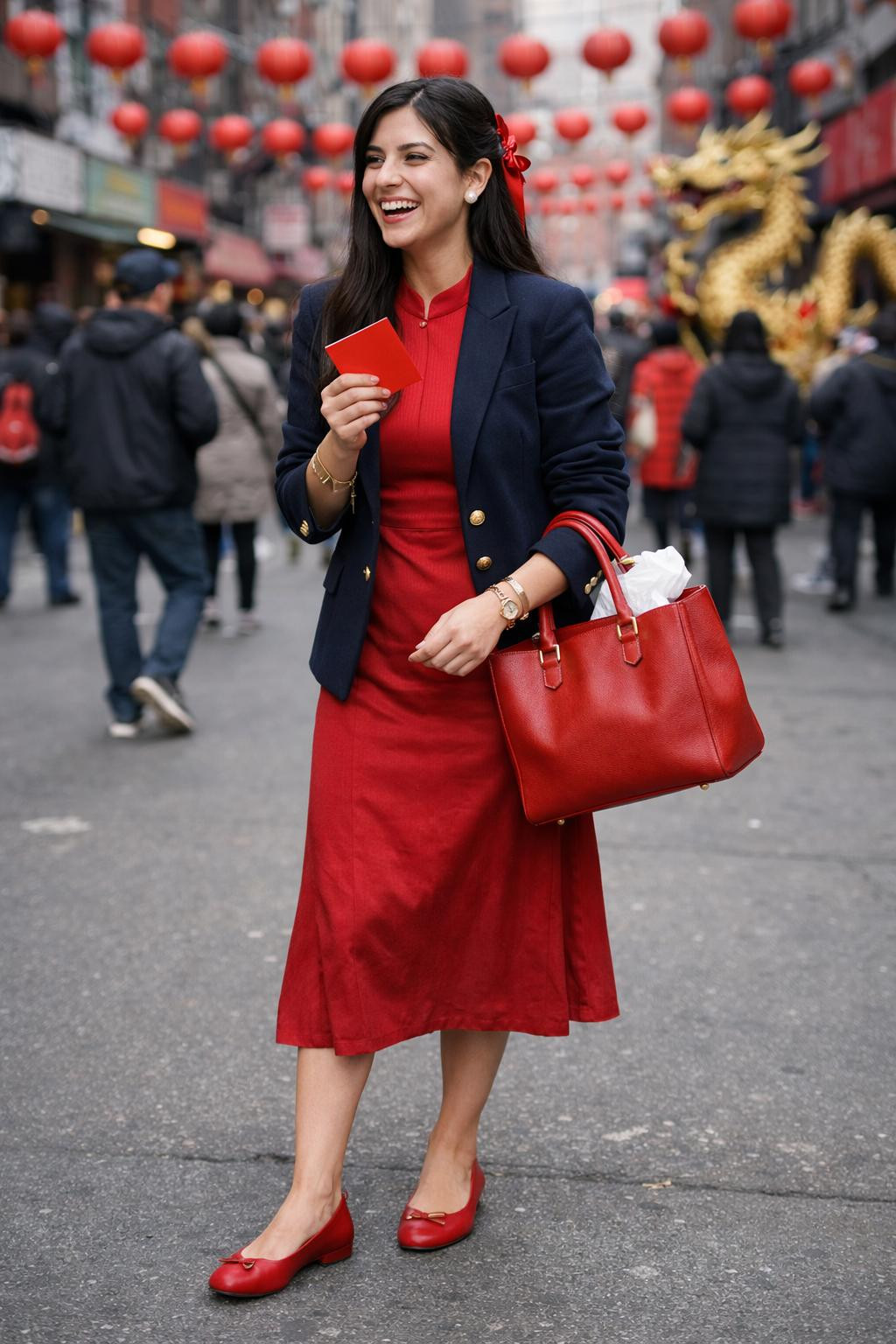 Lunar New Year outfit featuring red silk dress with white denim jacket
