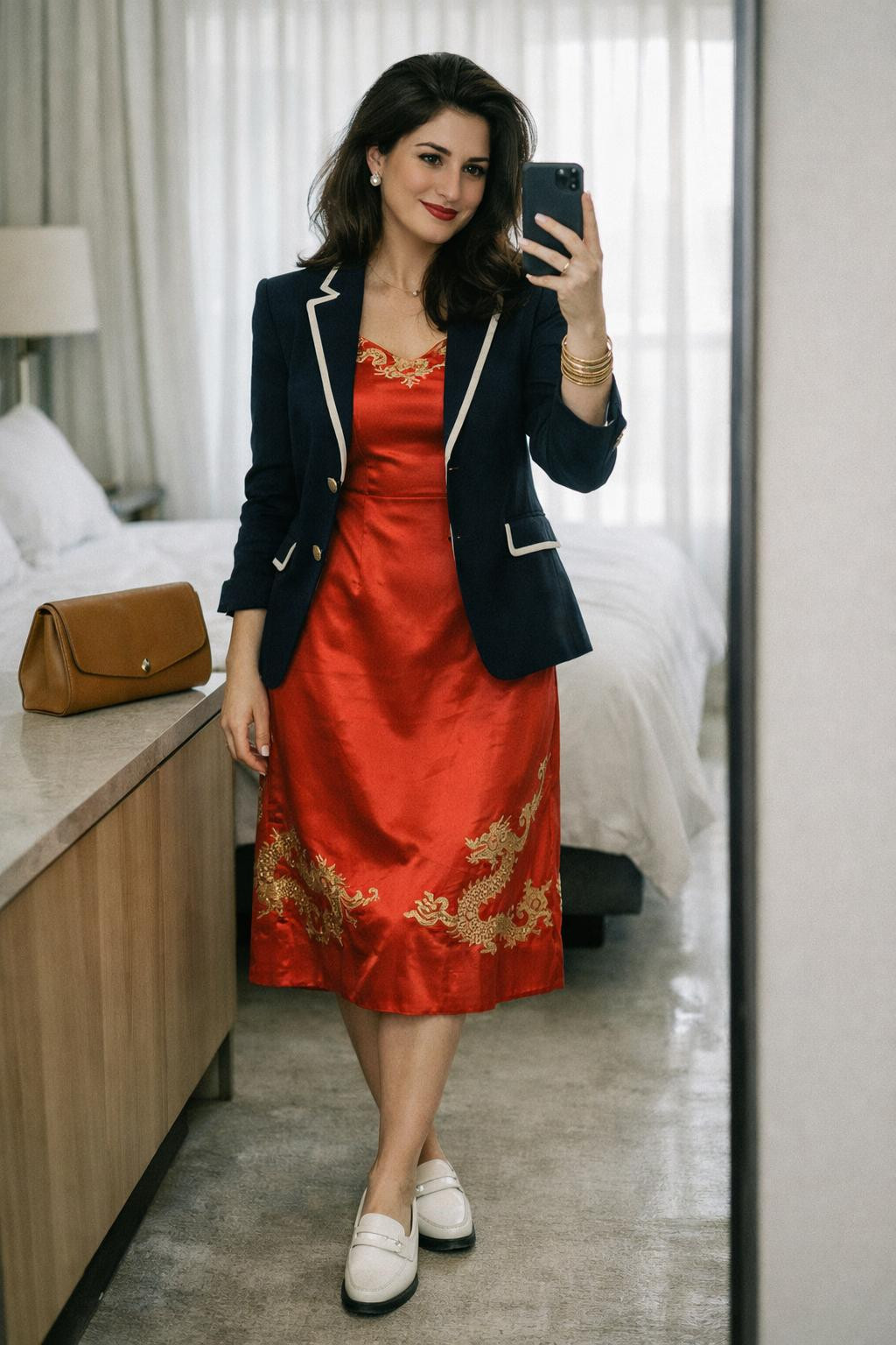 Lunar New Year outfit with red silk midi dress and navy blazer