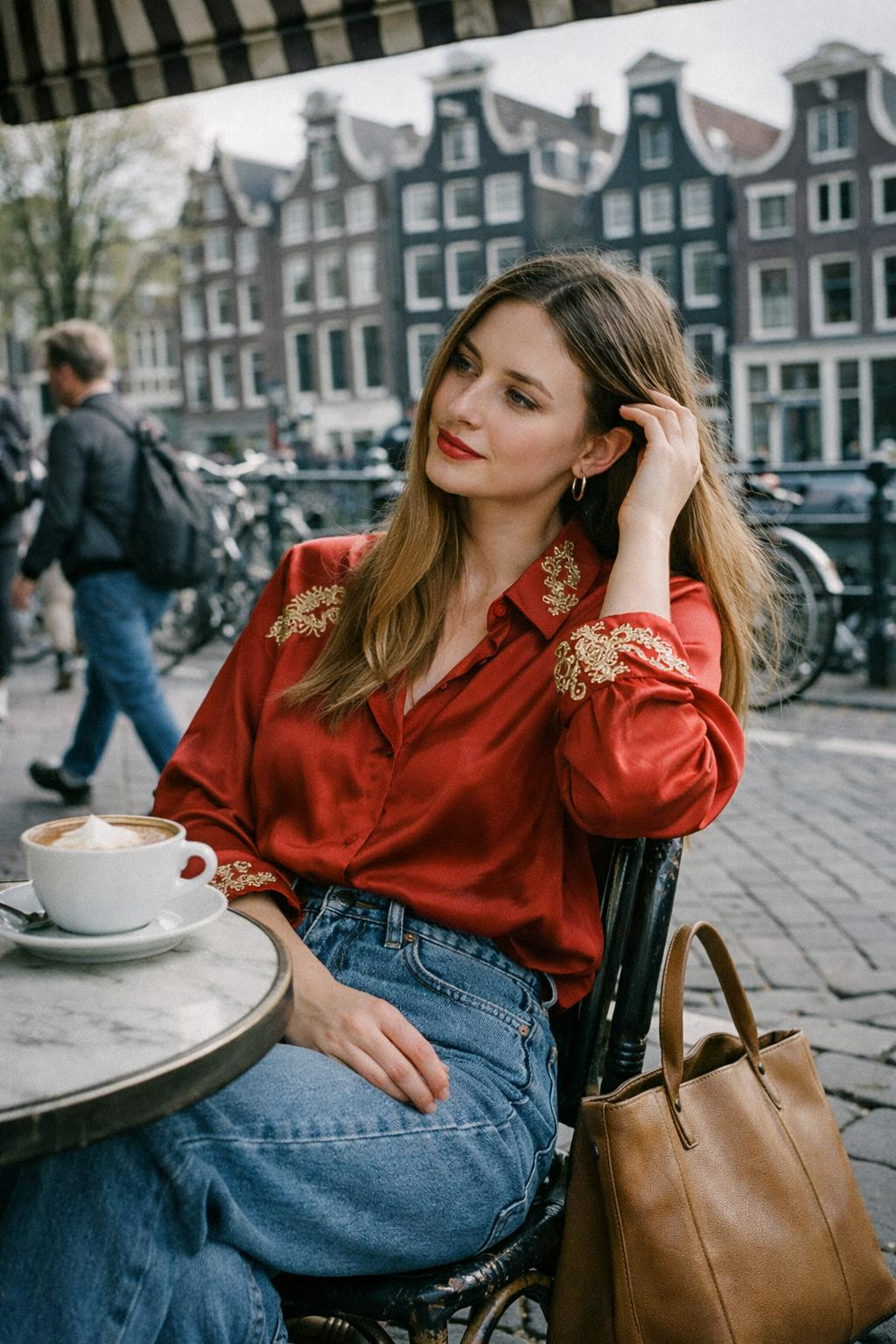 Lunar New Year outfit ideas featuring gold embroidered red silk blouse