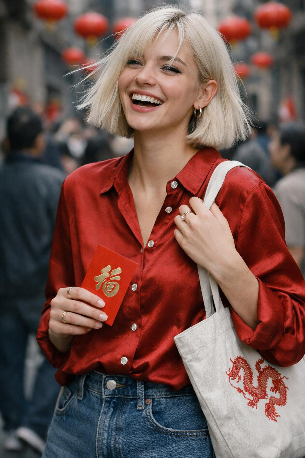 Lunar New Year outfit with red silk blouse and denim jeans