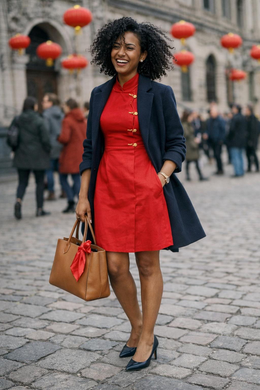 Chinese New Year dress with preppy red qipao and navy wool coat