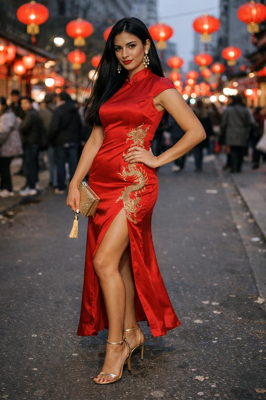 Chinese New Year dress with evening red qipao and gold dragons
