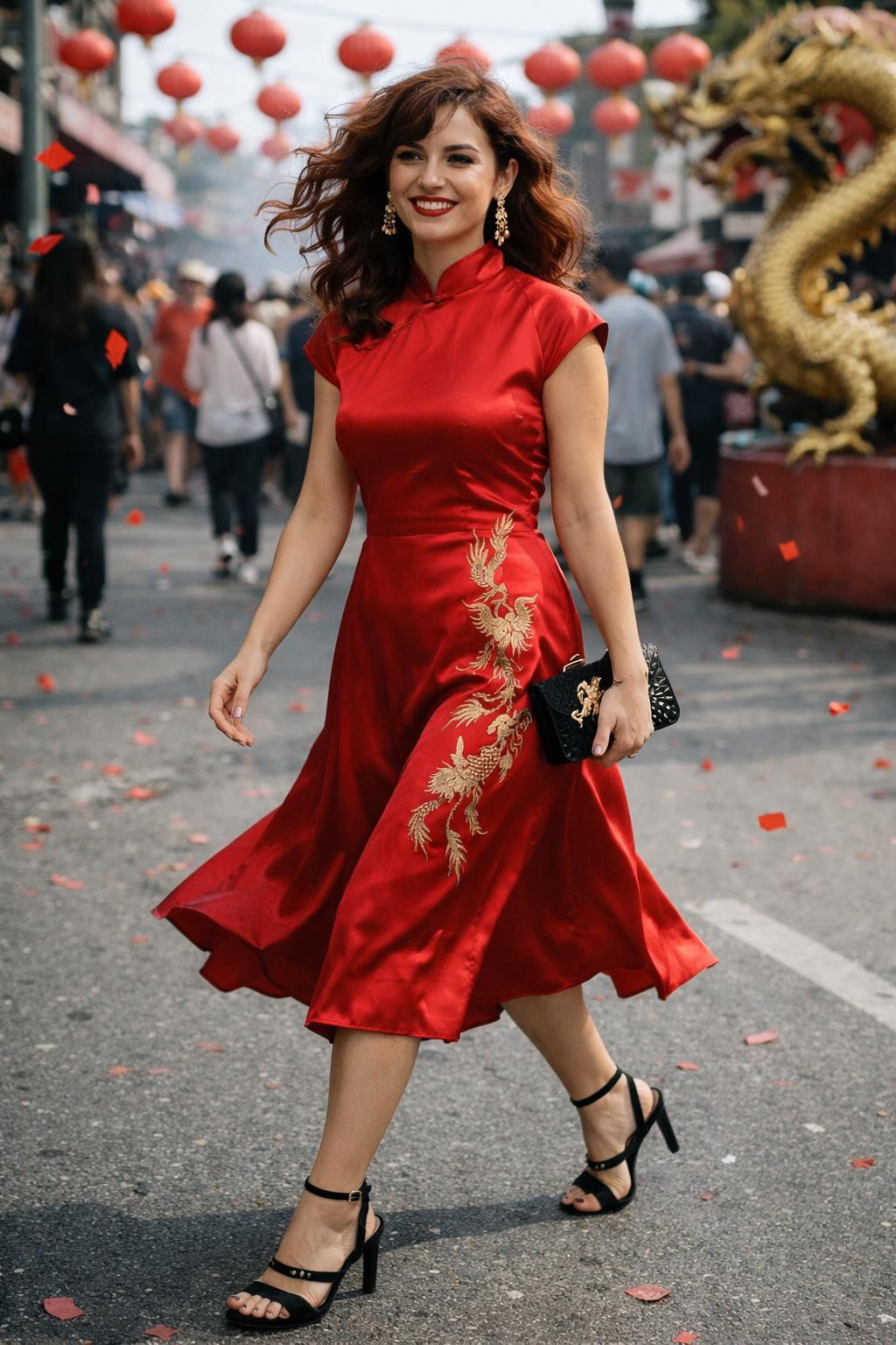 Chinese New Year dress with Hollywood glam red silk and gold embroidery