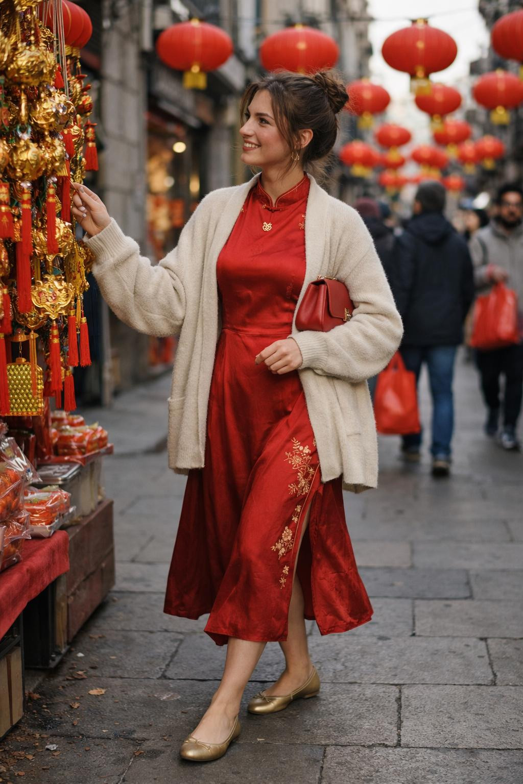 Chinese New Year dress with vintage red qipao and gold embroidery