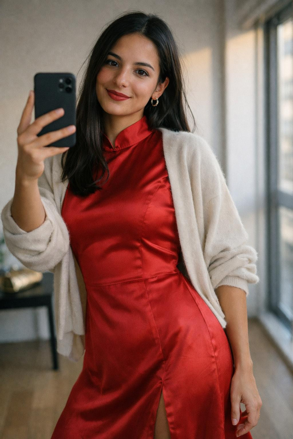 Chinese New Year dress with lucky red silk midi and cardigan