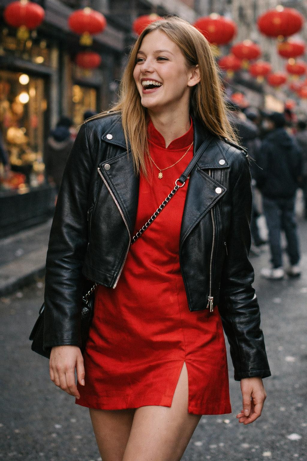 Chinese New Year dress with red mini and cropped black leather