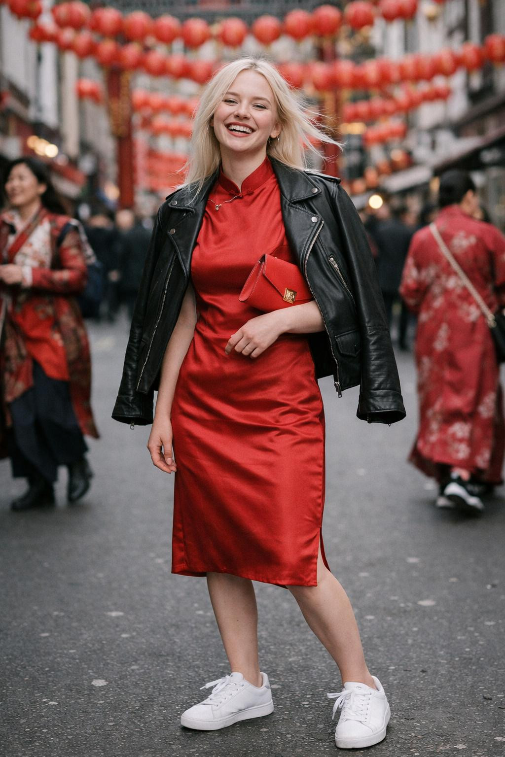 Chinese New Year dress with minimalist clean-lined red qipao