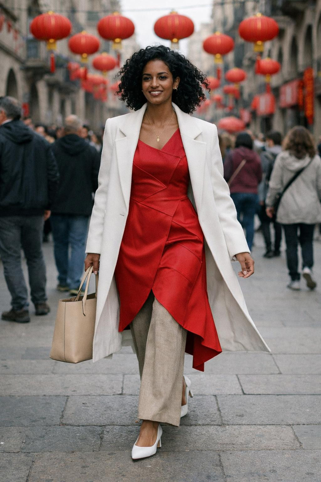 Chinese New Year dress with avant-garde red silk and geometric lines