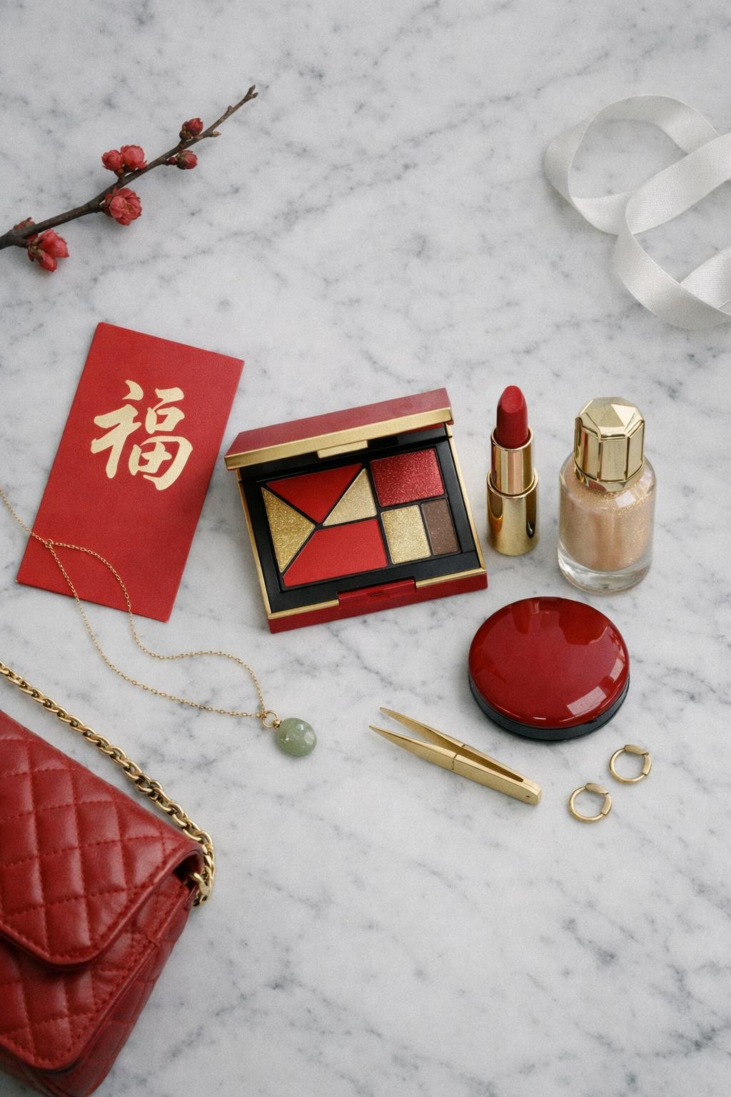 Chinese New Year makeup collection red gold on marble vanity