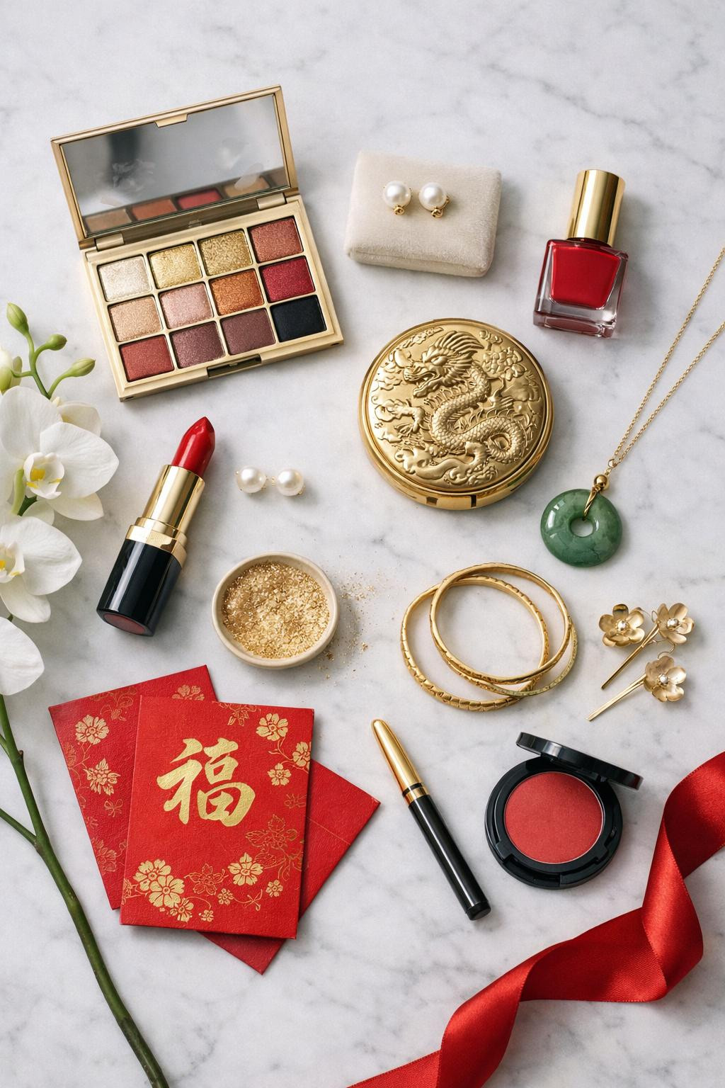 Chinese New Year makeup products red lipstick gold eyeshadow flat lay