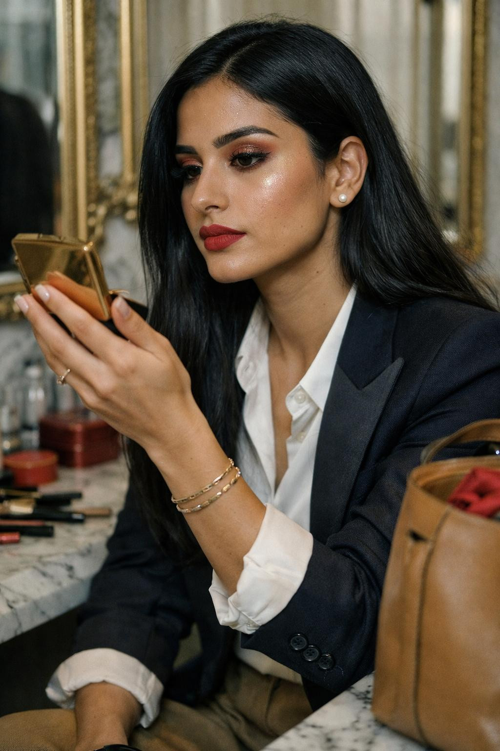 Chinese New Year makeup lucky red lips with gold compact highlighter