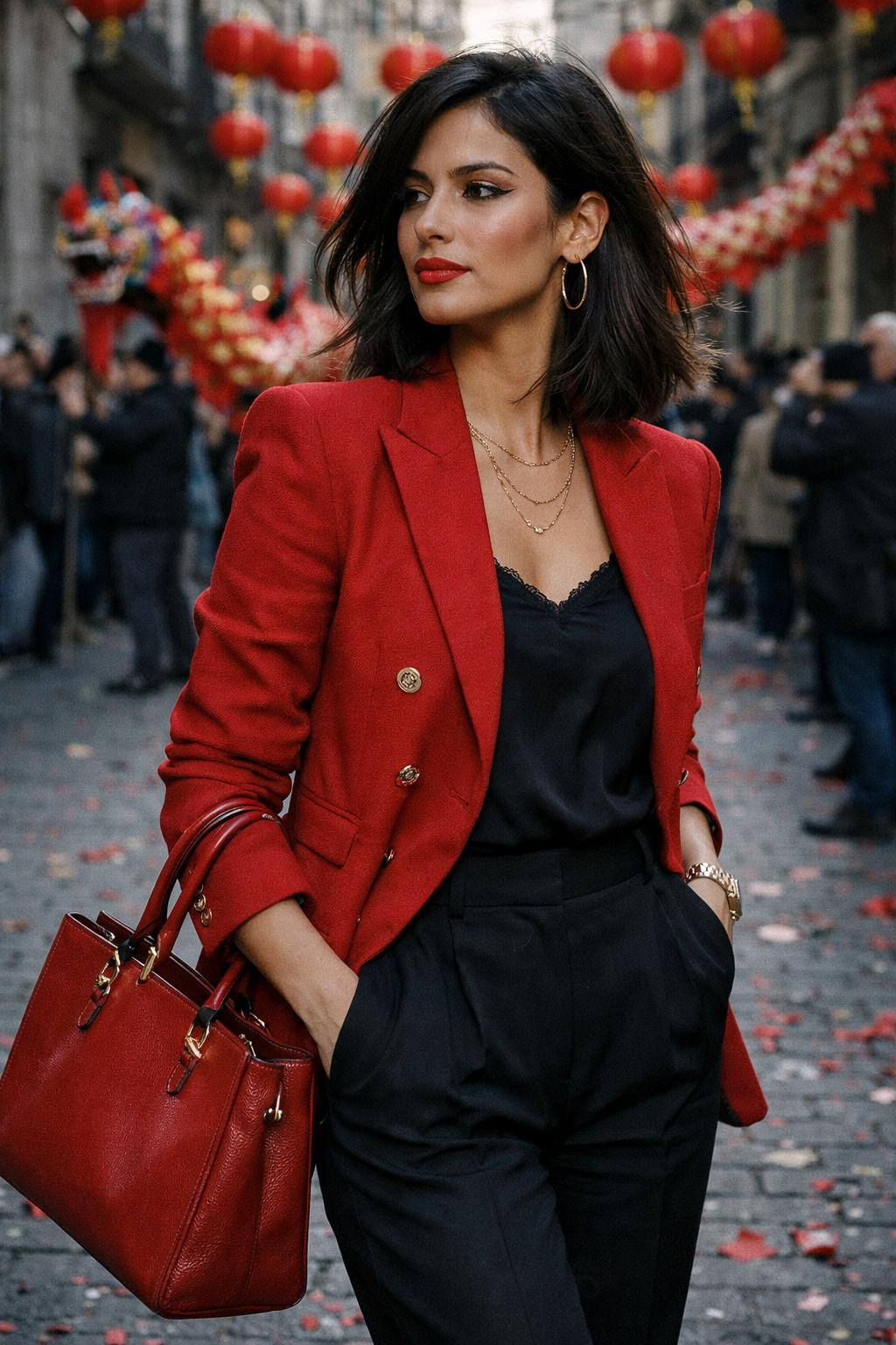 Chinese New Year makeup with bold red lips and golden highlighter