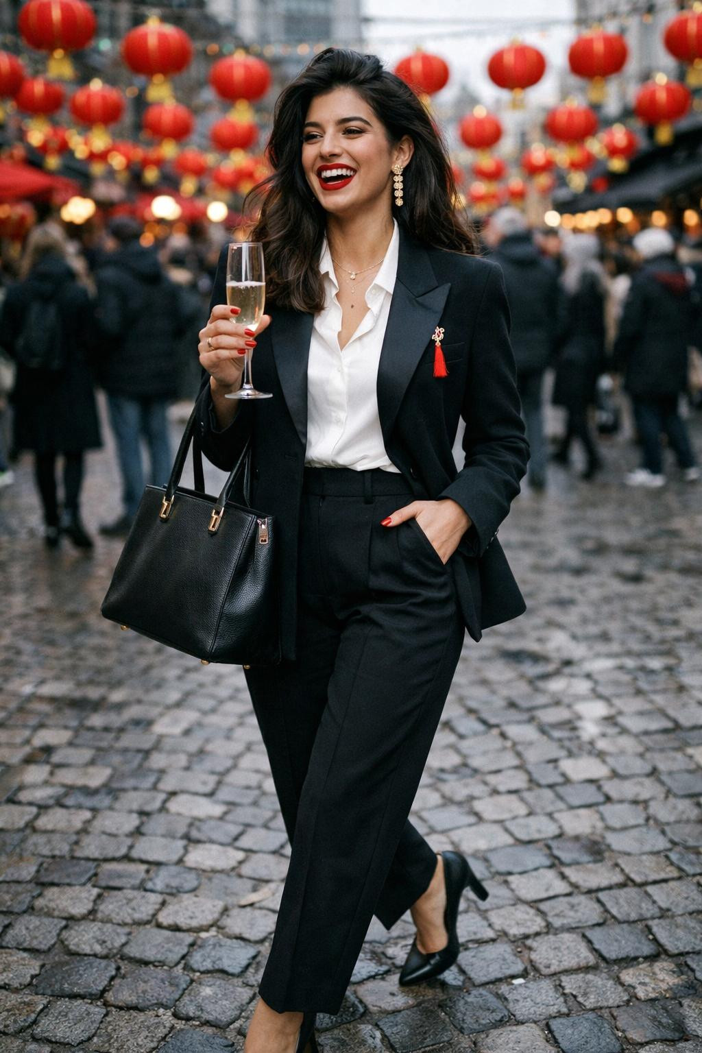 Chinese New Year makeup showcasing crimson red lips and gold shimmer