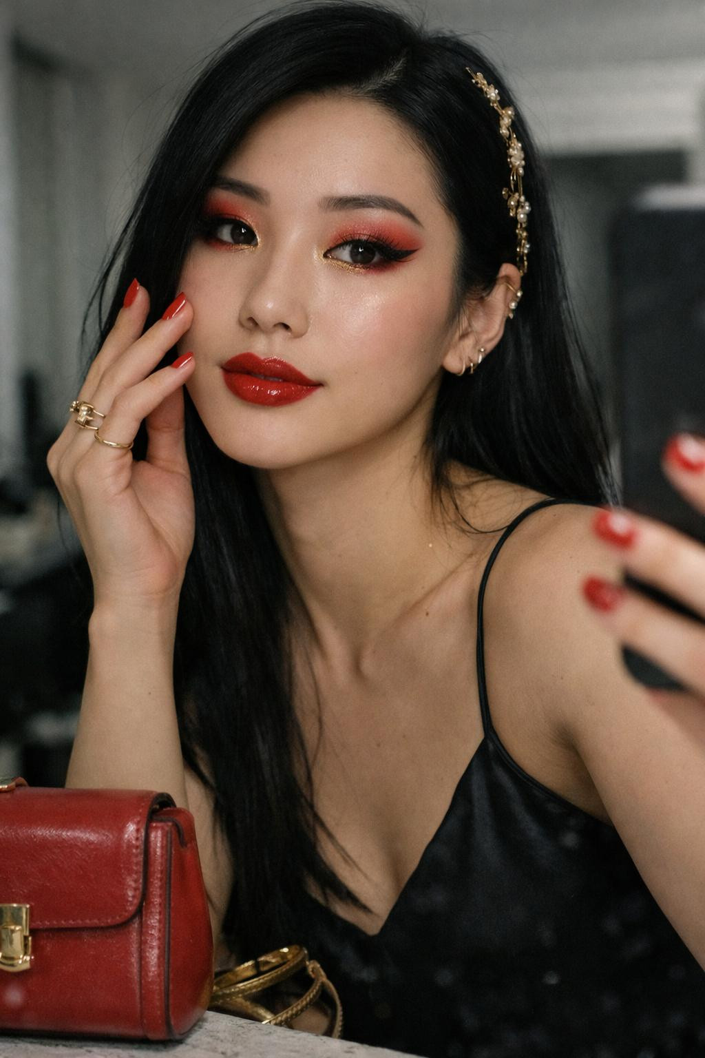 Chinese New Year makeup featuring molten gold eyeshadow and glossy red lipstick